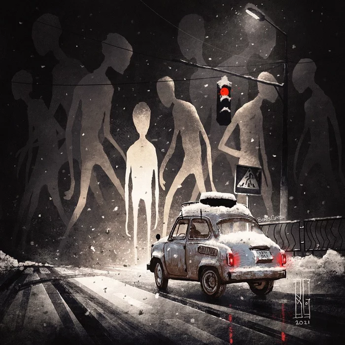 Red light - Art, Drawing, Boris Grokh, Road