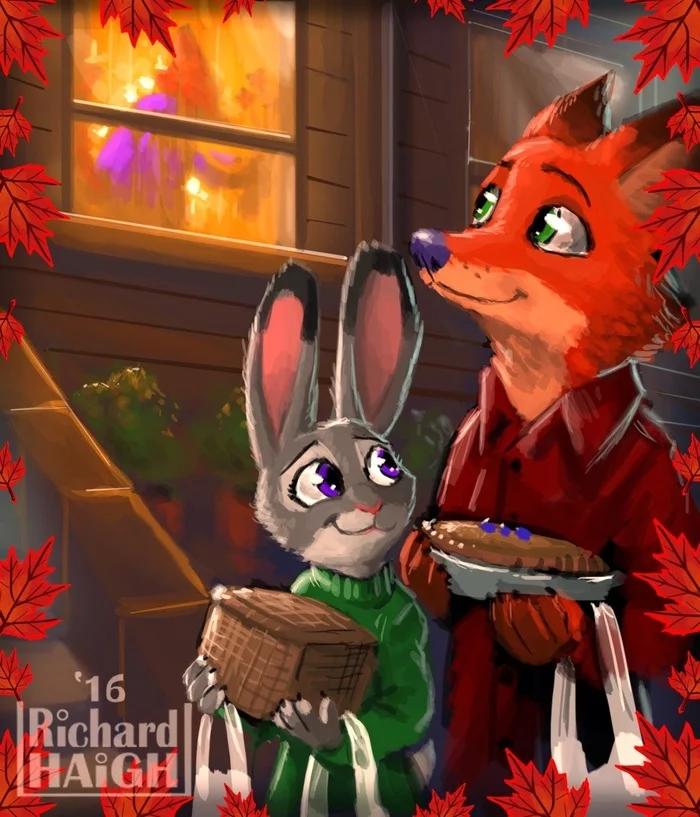 Thanksgiving Day - Zootopia, Nick wilde, Judy hopps, Nick and Judy, Thanksgiving Day, Art, Furry