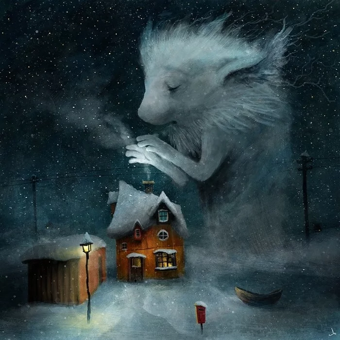 Frosty Night - Art, Drawing, House, Smoke, freezing, 