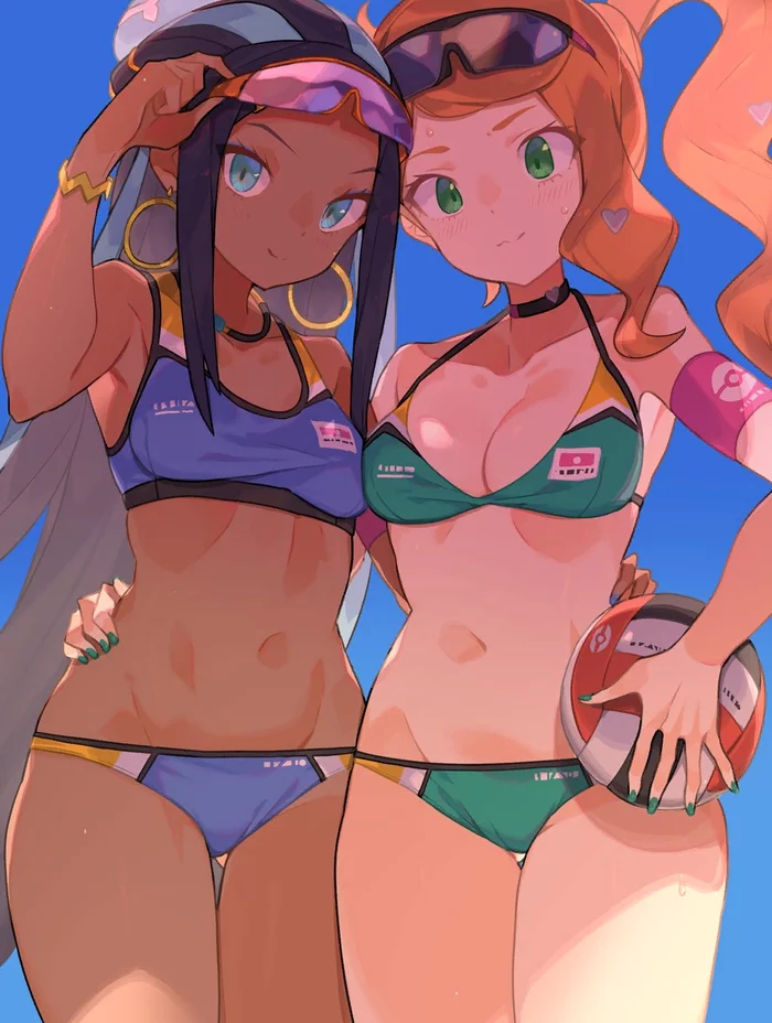 Подружки на пляже - NSFW, Покемоны, Pokemon Sword and Shield, Sonia, Nessa, Anime Art, Аниме, Игры, Купальник