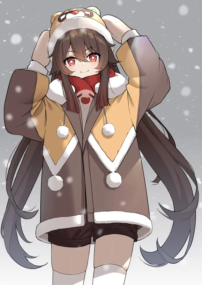 Winter - Genshin impact, Hu Tao, Games, Art, Girls, Anime, Anime art, Winter, Snow, Stockings