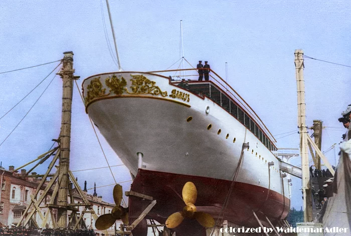 Launching of the cruiser Almaz. - My, Colorization, Photo restoration, Old photo, Story, Российская империя, Fleet, Ship, Building, Longpost