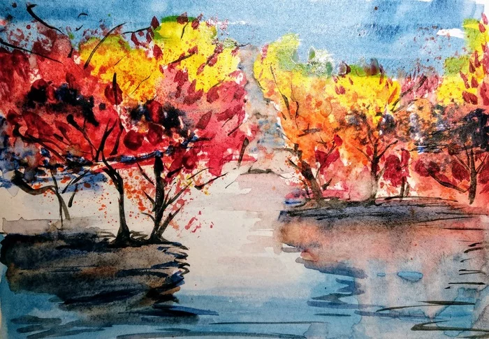 autumn flashes - My, Autumn, Drawing, Watercolor, Water, Autumn leaves, Leaves, Time, Seasons, Art, Artist, Beginner artist