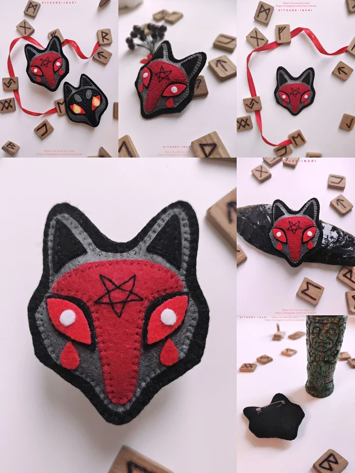 Demon Fox - My, Fox, Animals, Kitsune, Demon, Creation, With your own hands, Handmade, Crafts, Needlework, Needlework without process, Felt, Brooch, Decoration, Sewing, Mystical decorations, Creative, Mystic, Toys, Gloomy, Pentagram