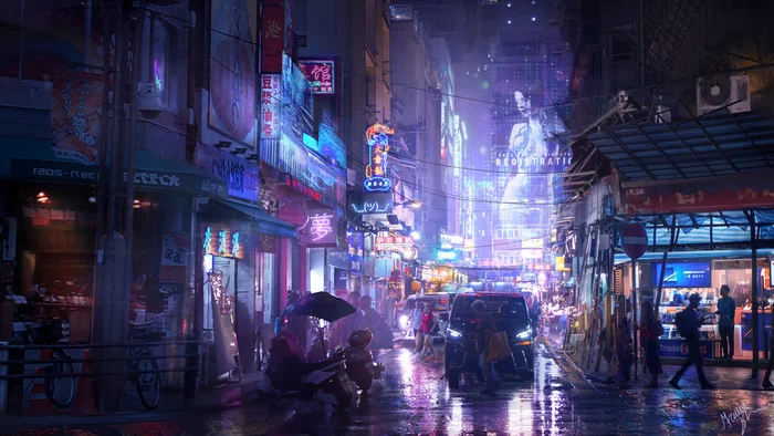 Cyberpunk Street - Art, Cyberpunk, Longpost, Grace Zhu