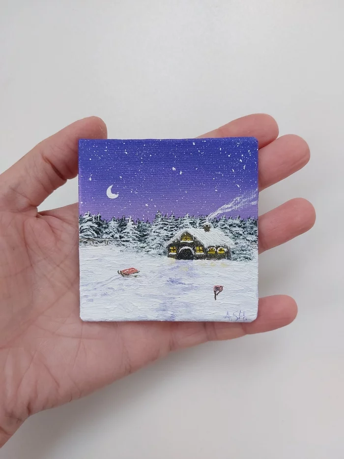 Winter magnets.Oil, canvas on a magnet 7.5cm*7.5cm - My, Butter, Winter, Longpost