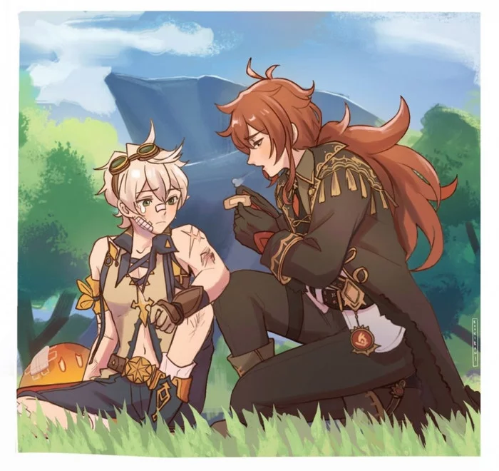 Care - Anime art, Genshin impact, Bennett, Diluc