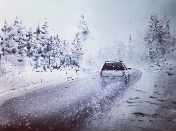 Winter road. - My, Watercolor, Artist, Drawing