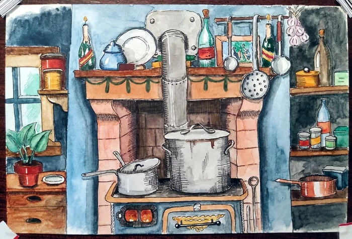 Soup with cabbage - My, Watercolor, Learning to draw, Interior, Fireplace, Kitchen