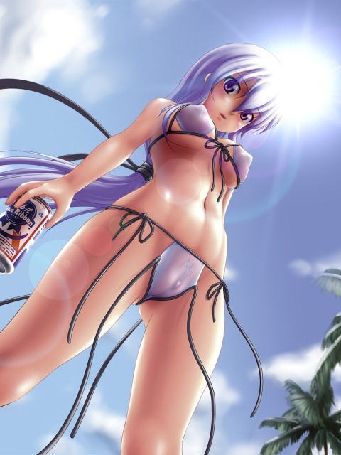 Bikini - NSFW, Vocaloid, , Yowane Haku, Anime art, Anime, Etty, Bikini, Erotic, Hand-drawn erotica, Digital drawing, Palm trees, Beach, Sky, Swimsuit, The sun, Bottom view