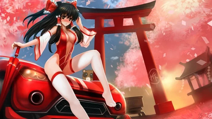 Torii - NSFW, Touhou, Hakurei Reimu, Anime, Anime art, Erotic, Hand-drawn erotica, Digital drawing, Etty, Miko, Stockings, Bikini, Swimsuit, Torii, Sakura, Sports car, Car, The Bears, Sky, Umbrella