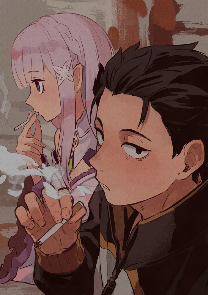 Subaru and Emilia - Re: Zero Kara, Emilia, Natsuki subaru, Anime art, Anime, Smoking