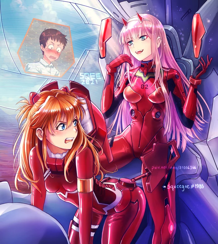 It seems to me that someone here has a catch ... - Evangelion, Anime, Crossover, Darling in the Franxx, Asuka langley, Zero two