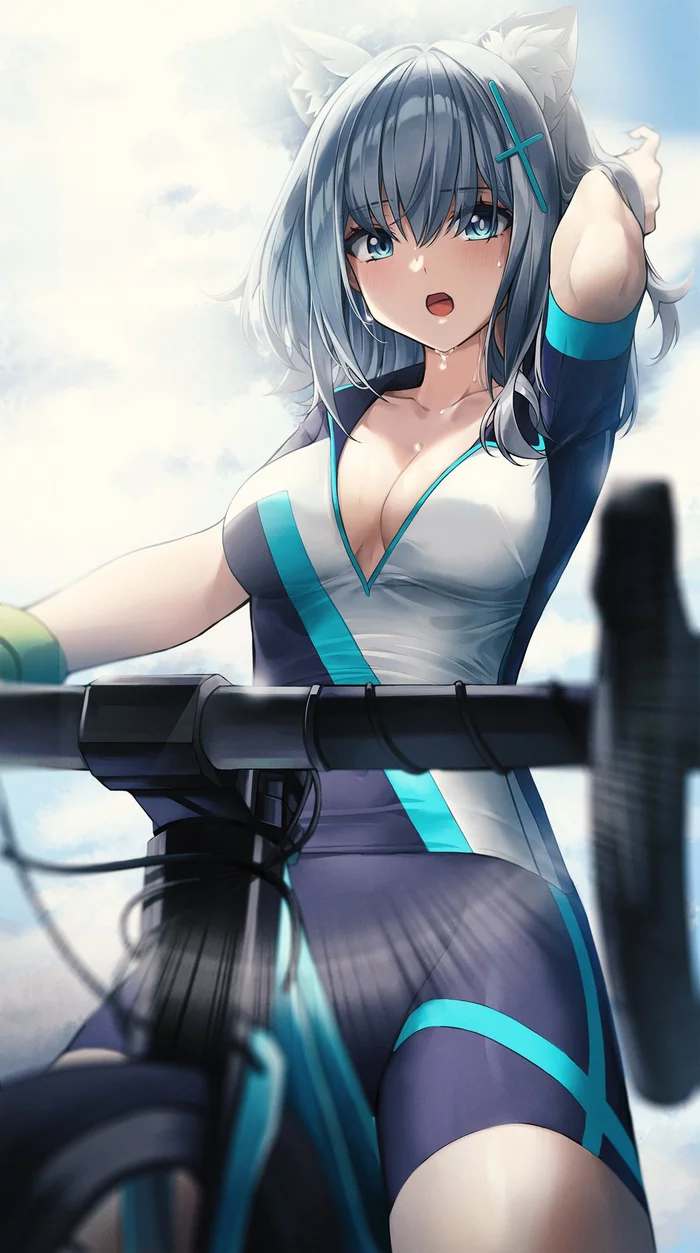 Sunaookami shiroko - NSFW, Anime, Anime art, Sunaookami shiroko, Blue archive, Games, Art, Girls, Boobs, Hand-drawn erotica, Animal ears, A bike, Longpost