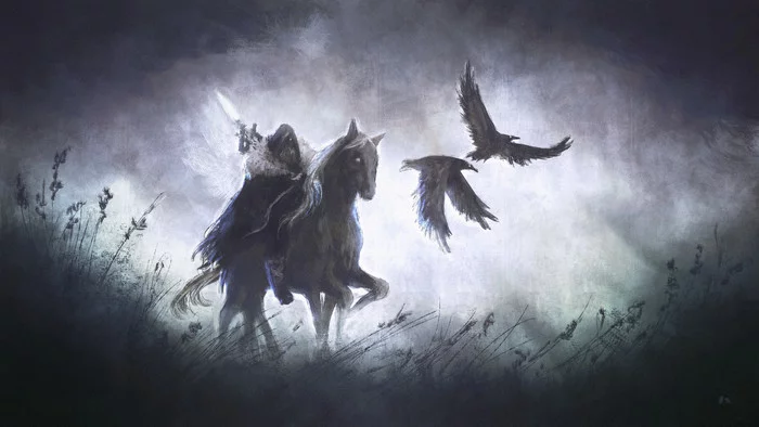 Odin and his companions - Art, One, Scandinavian mythology, Crow, Sleipnir