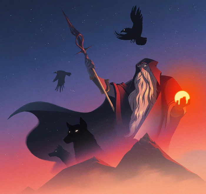 Odin and his companions - Art, Scandinavian mythology, Crow, Gehry, One, Fracks, Hugin, Munin