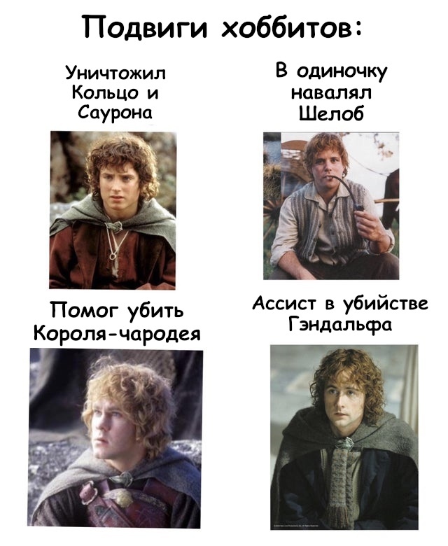 Exploits of the Hobbits - Lord of the Rings, The hobbit, Frodo Baggins, Sam Gamgee, Merry, Peregrin Took, Picture with text, Translated by myself