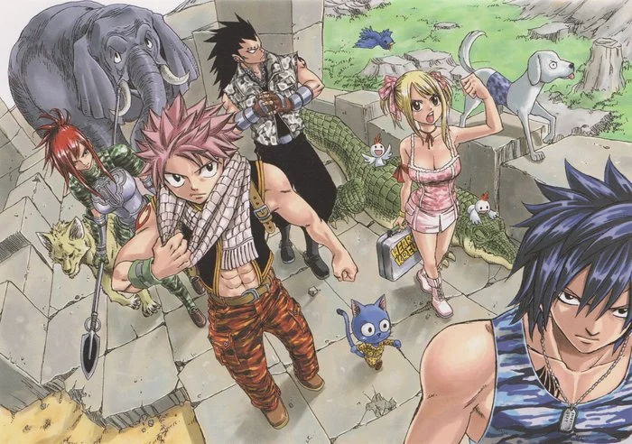 A formidable team - Anime art, Anime, Lucy Heartfilia, Natsu Dragneel, Gray Fullbuster, Erza scarlet, Gajeel Redfox, Happiness, Fairy Tail