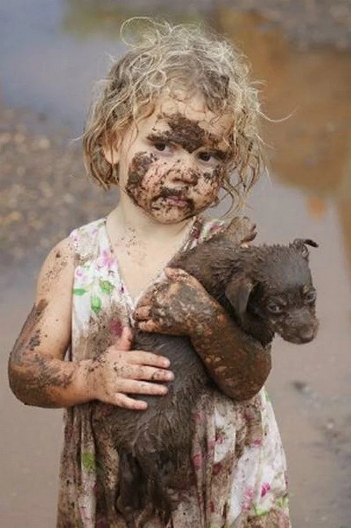 The dog alone in the puddle was bored - Children, Puppies, Dirt