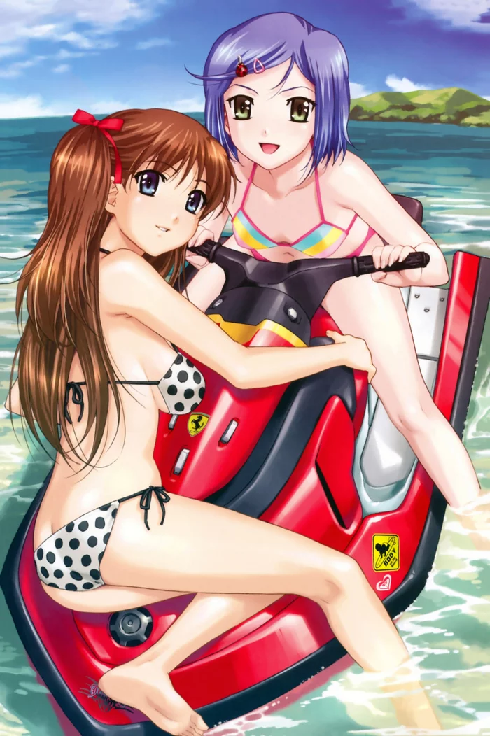 On a jet ski - NSFW, Anime, Anime art, Bikini, Swimsuit, Erotic, Hand-drawn erotica, Water transport, Sea, Beach, Ocean, Sand, Digital drawing, Jet ski, Etty