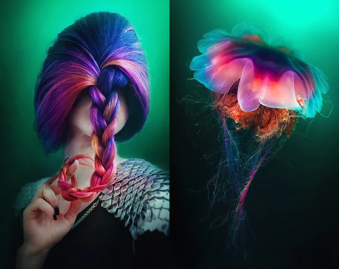 Spontaneous cosplay on jellyfish - My, Colorful hair, Jellyfish, The photo, Cosplay, Oheekolts, Zakos, Dyeing, Hair, Color, Inspiration