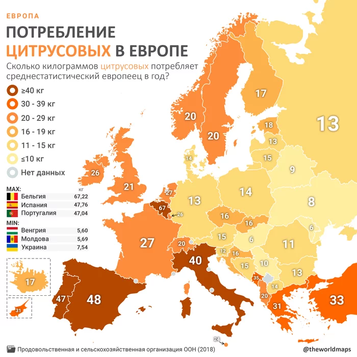 Сколько килограммов цитрусовых (апельсины, мандарины, лимоны, лаймы, грейпфруты и др.) потребляет среднестатистический европеец в год? - Моё, Карты, Цитрусовые, Европа, Статистика, Инфографика, Мандарины, Апельсин, Потребление