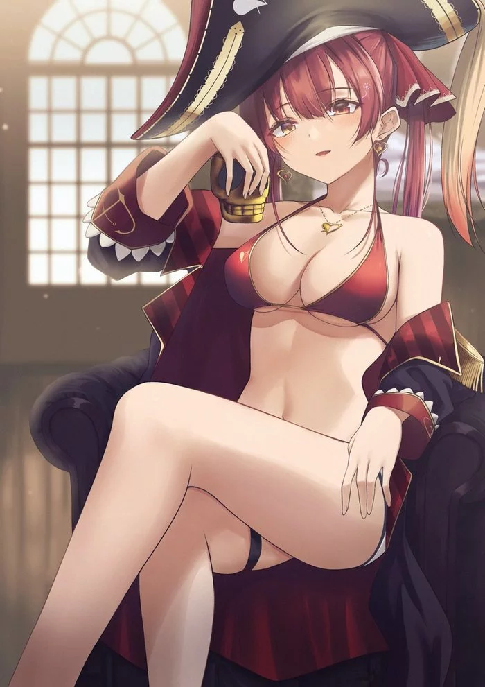 Houshou marine - NSFW, Anime, Anime art, Hololive, Houshou marine, Virtual youtuber, Swimsuit, Boobs, Hand-drawn erotica, Erotic