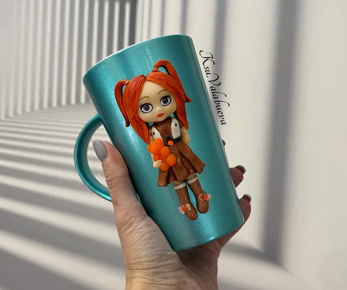 Blaze on a mug - My, Polymer clay, Doll, Handmade, Needlework without process, Needlework, With your own hands, Mug with decor, Redheads