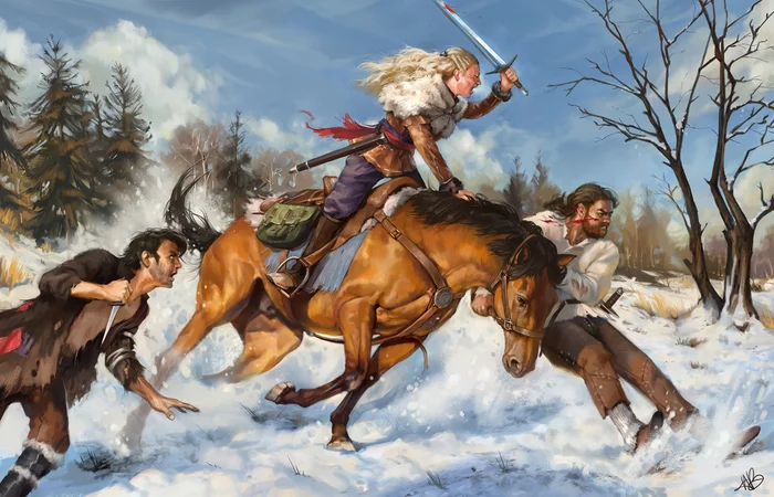 Some very eager bandits ambush a very angry woman by Hannah Elizabeth - Hannah Elizabeth, Art, Ambush, Bandits, Horses, Winter, Snow, Girls