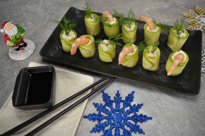 Snacks for the New Year's table - My, Snack, Festive table, Cheese, Salo, Zucchini, Shrimps, Cream cheese, Crab sticks, Video, Longpost