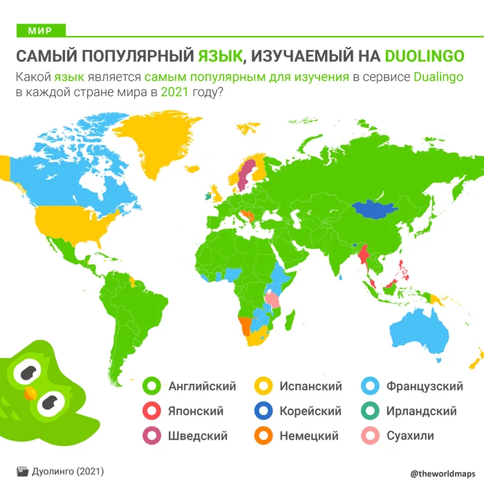 Самый популярный язык, изучаемый на Duolingo (2021) - Изучение языка, Карты, Инфографика, Duolingo, Английский язык, Испанский язык, Французский язык