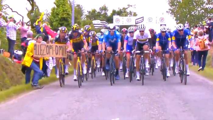 A lady with a cardboard Allez Opi-Omi, who arranged a blockage at the Tour de France was sentenced to 1200 Euros fine - Cycling, The fall, Injury, Court, Sentence, Tour de France, Video, Longpost