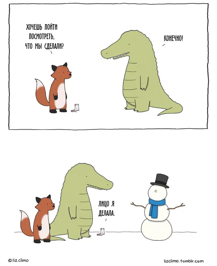 snowman - Comics, Lizclimo, snowman, Crocodiles, Fox, Mouse, Humor, Translated by myself