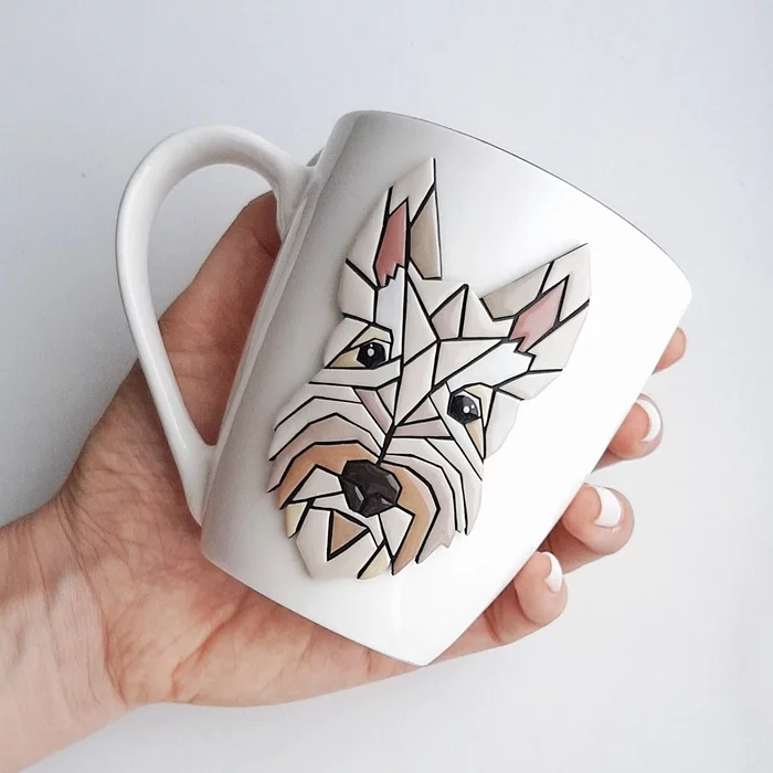 POLYMER CLAY (STYLISH GEOMETRY) - My, Needlework without process, Handmade, With your own hands, Polymer clay, Mug with decor, Scotch Terrier, Dog