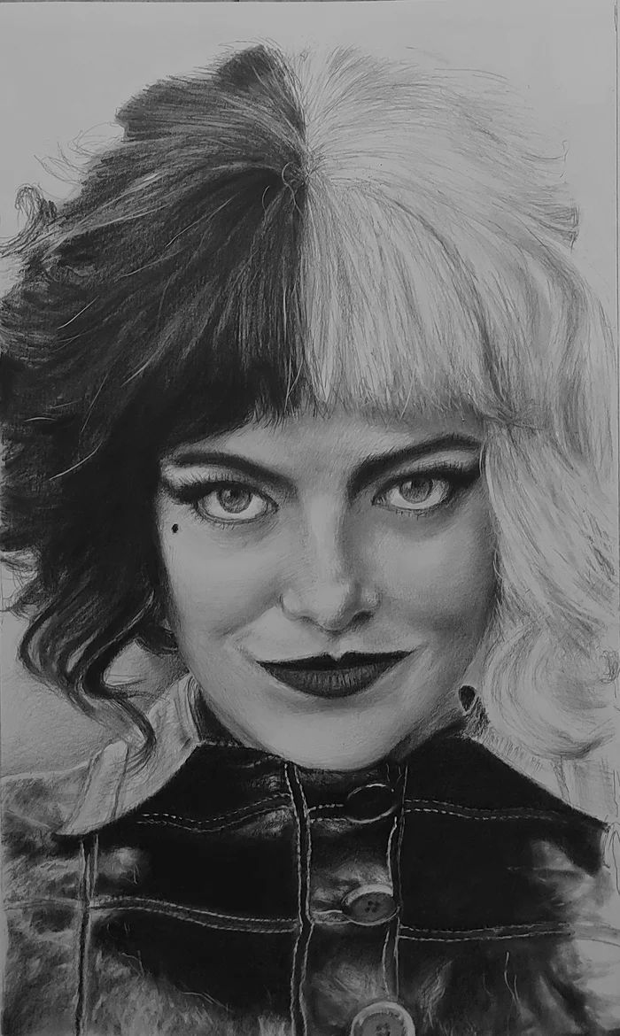 Emma Stone - My, Portrait by photo, Pencil drawing, Cruella Film, Emma Stone, Cruella De Vil, Actors and actresses, Portrait