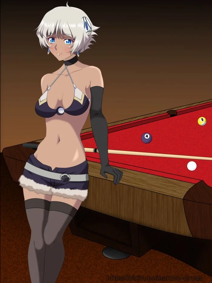Let's chase the balls! - NSFW, Re:creators, Meteora Osterreich, Anime, Anime art, Etty, Erotic, Hand-drawn erotica, Art, Boobs, Nudity, Billiards, Billiard table, Cue, Topless, Stockings, Gloves, Blue eyes, Digital drawing, Longpost