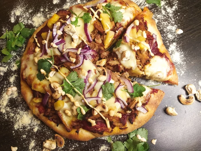 Korean pizza with ripped gochujang pork - My, Yummy, Pork, Recipe, Pizza, Korean food, Mozzarella, Kimchi, A pineapple, Longpost