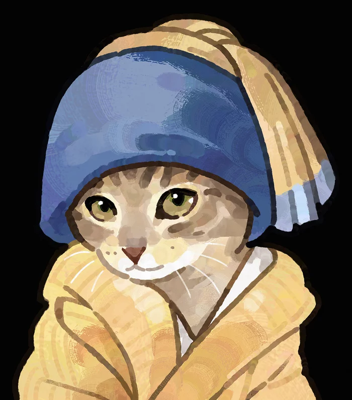 Cat with a Pearl Earring - Art, cat, Drawing, Longpost, Girl with a pearl earring