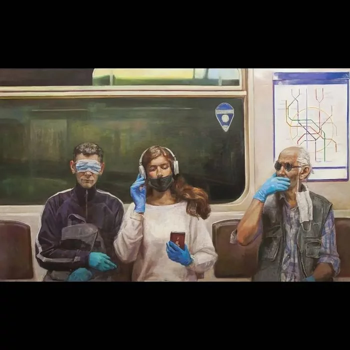 In the underground - Coronavirus, Mask, Metro, Painting, Modern Art, Railway carriage, Three