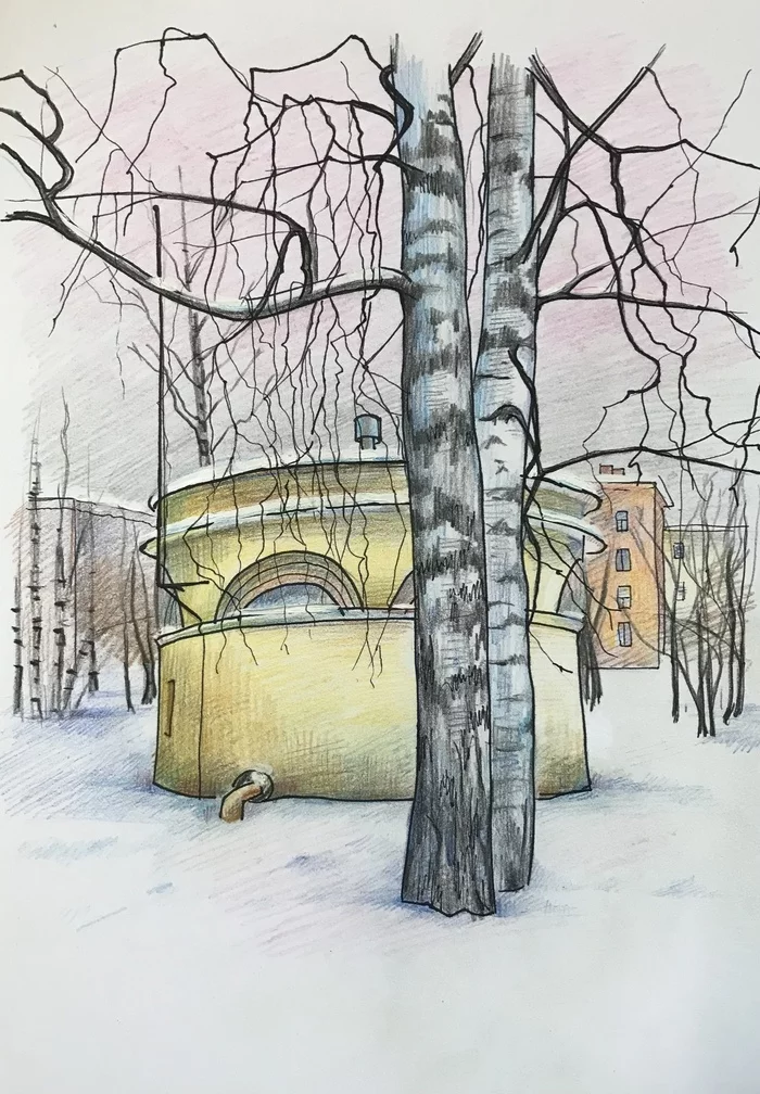 One of the courtyards of Sredneokhtinsky Prospekt - My, Colour pencils, Marker, Luboff00, Winter, Courtyard, Okhta, Birch, Drawing