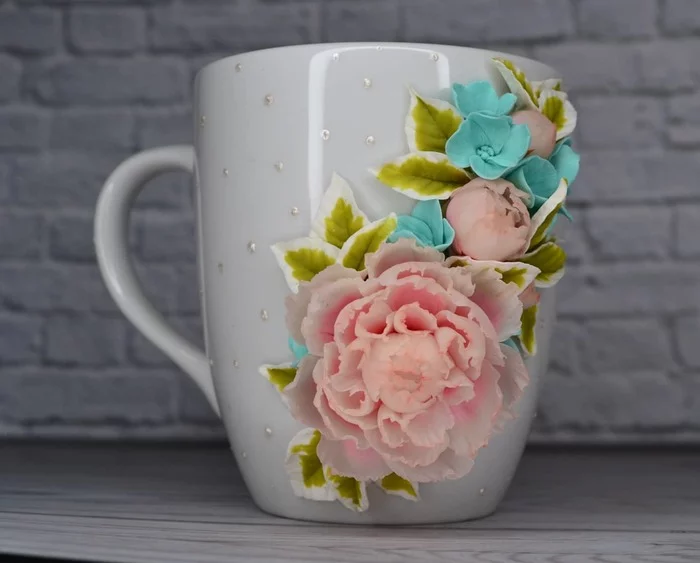 Peony with hydrangea - Longpost, Handmade, With your own hands, Needlework without process, Cutlery, Decor, Flowers, Presents, Mug with decor, Ficus, Bouquet, Hydrangeas, the Rose, Peonies, My