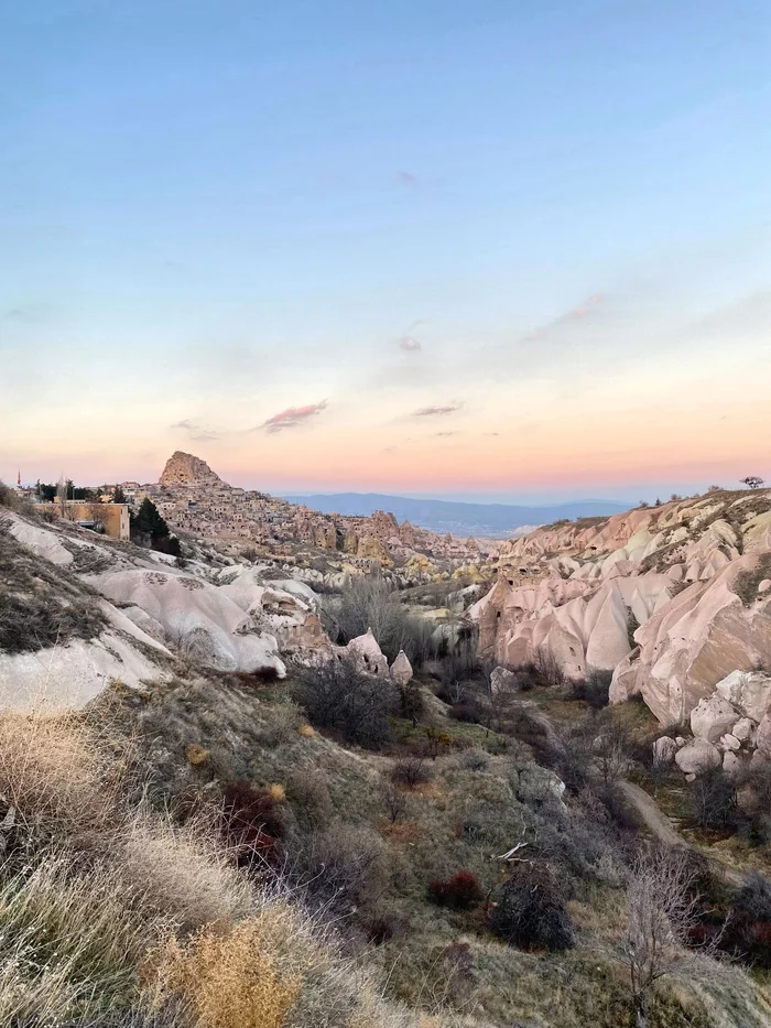 The fortress of Uchhisar is at the end of the day. Cappadocia - My, Cappadocia, December, Turkey, Sunset