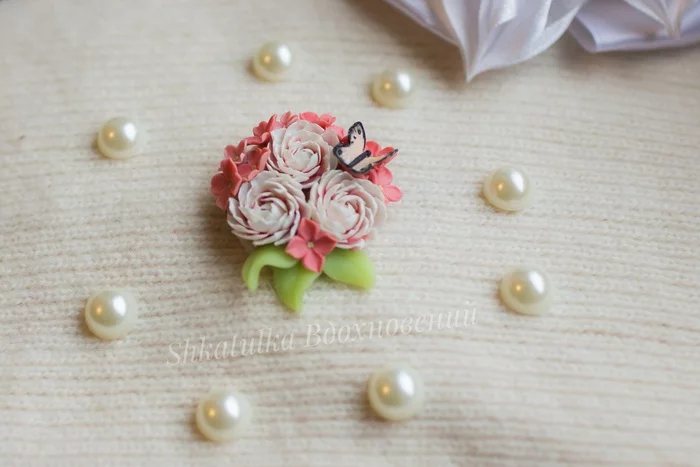 Butterfly and peony brooch - My, Brooch, Peonies, Butterfly