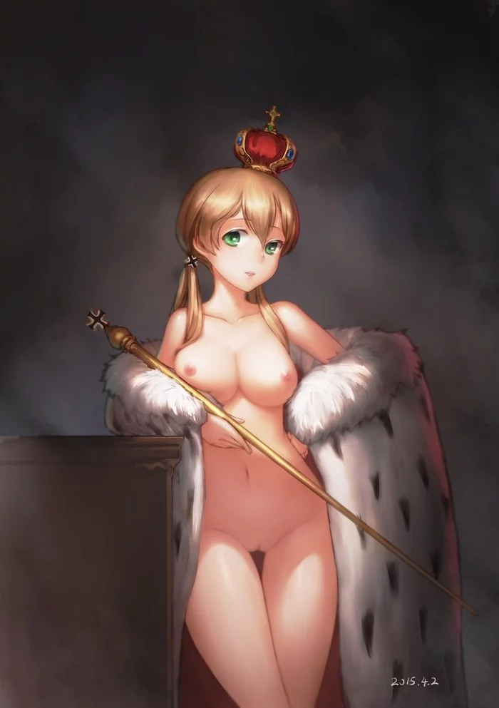 Ermine mantle effect - NSFW, Kantai collection, Anime, Anime art, Erotic, Boobs, Nudity, Naked, Mantle, Queen, Prinz Eugen, Green eyes, Blonde, Sceptre, Digital drawing, Art, Fan art, Hand-drawn erotica, Cross