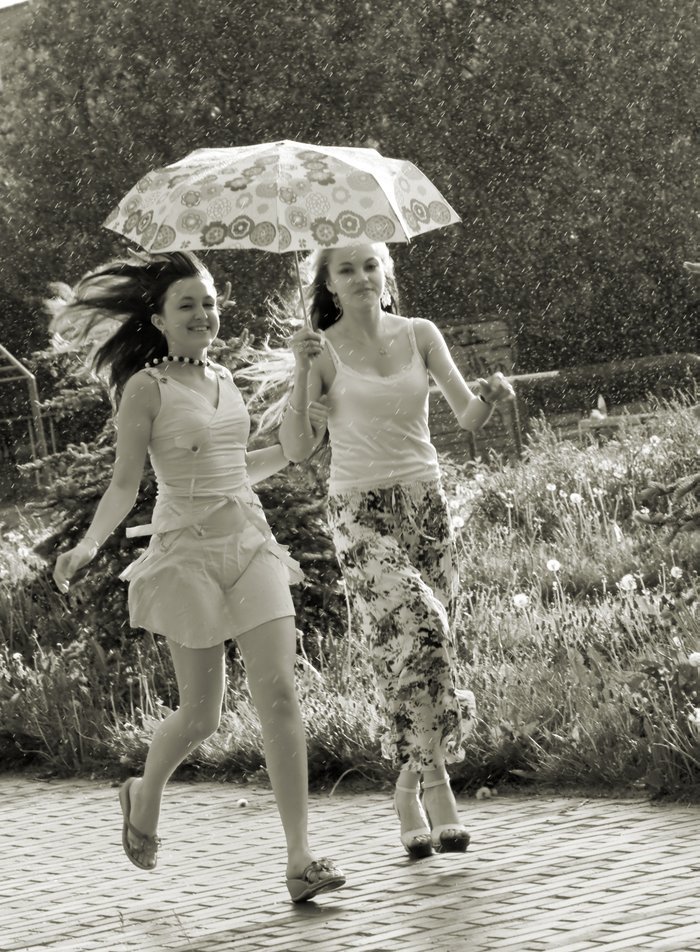 Summer rain - Girls, Summer, Rain, Black and white photo, Positive