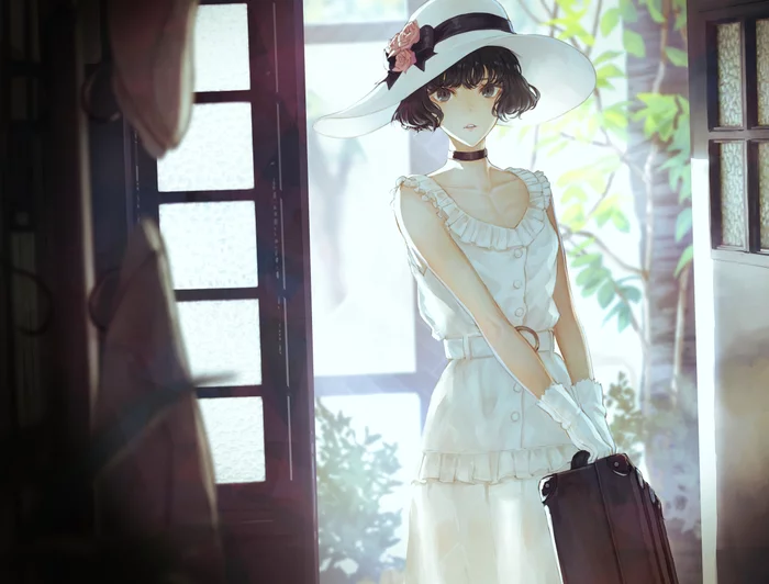 With a suitcase - Anime, Anime art, Anime original, Girls, Suitcase, Hat