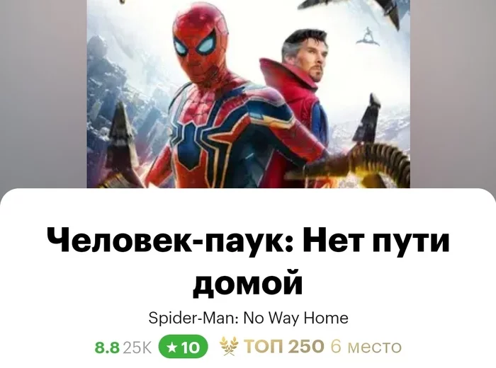 The film Spider-Man: No Way Home took 6th place in the Top 250 best films according to viewers of Kinopoisk - Spiderman, Marvel, Record, news, KinoPoisk website, Doctor Strange, Comics, Movies