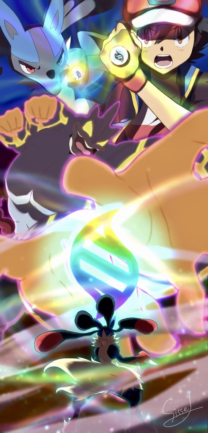 Mega Lucario vs. Gigantamax Machampa - Pokemon, Art, Ash Ketchum, Anime art, Anime