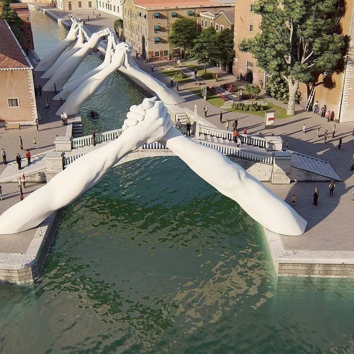 Let's hold hands - Sculpture, Installation, Hand, Italy, Bridge, River, The photo, Longpost