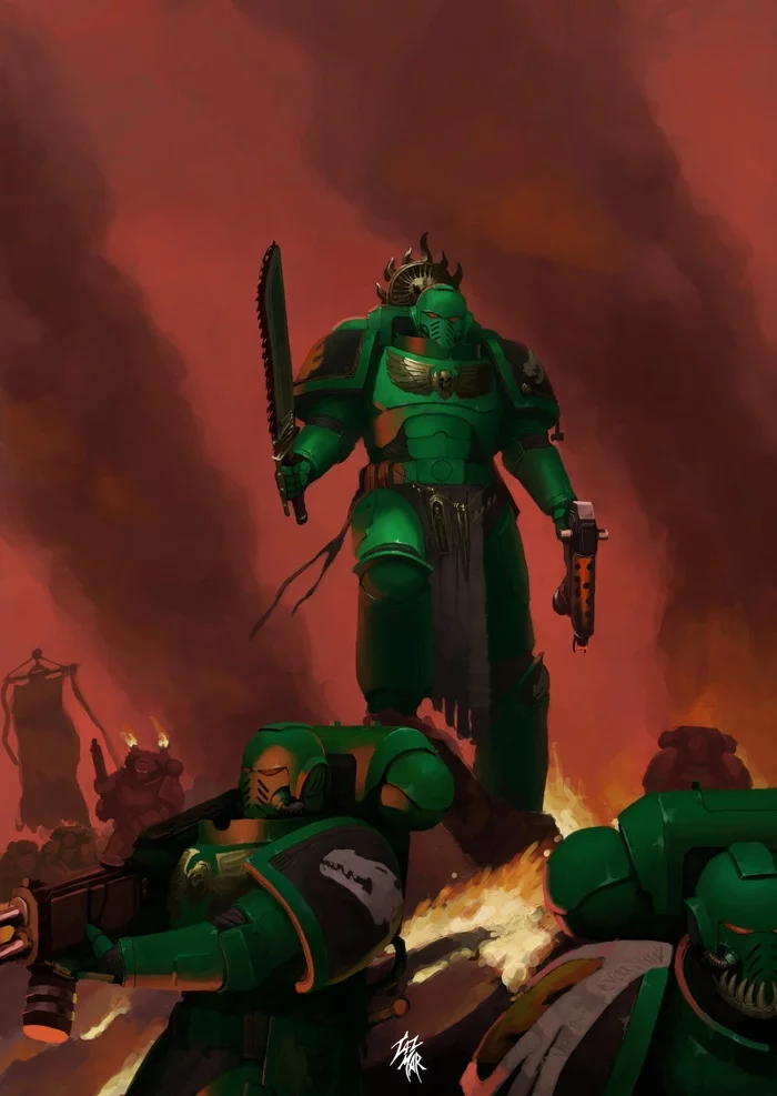 Scions of Vulkan & Angels fall and so does the Daemon by TazMar - Salamander, Warhammer 40k, Wh Art, Black templars, Khorne, Chaos daemons, Primaris space marines, Longpost, Tazmar